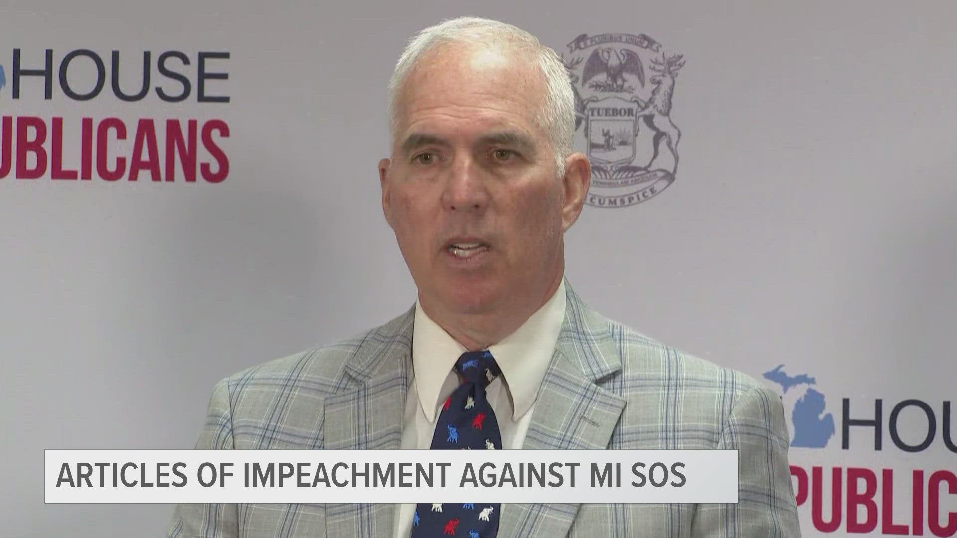 State Rep. James DeSana (R-Carleton) announces Articles of Impeachment against Michigan Secretary of State Jocelyn Benson.