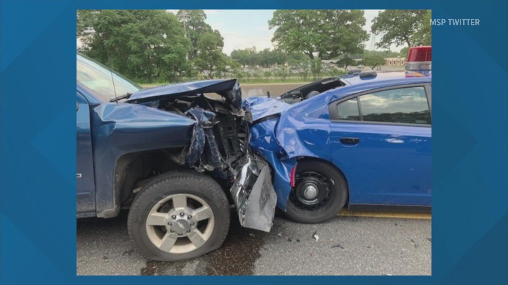 A Michigan State Police car was rear ended during a traffic stop, causing two more accidents on US-131.