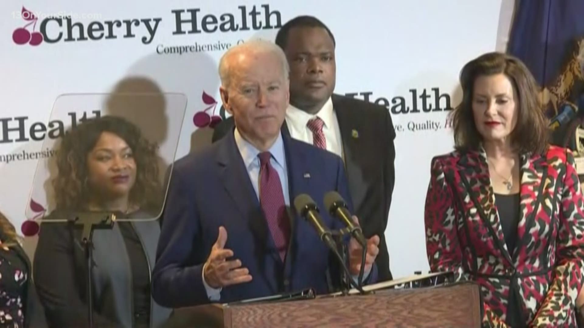 Joe Biden was at Cherry Health Monday morning pushing healthcare at a campaign event ahead of the Michigan democratic presidential primary Tuesday.
