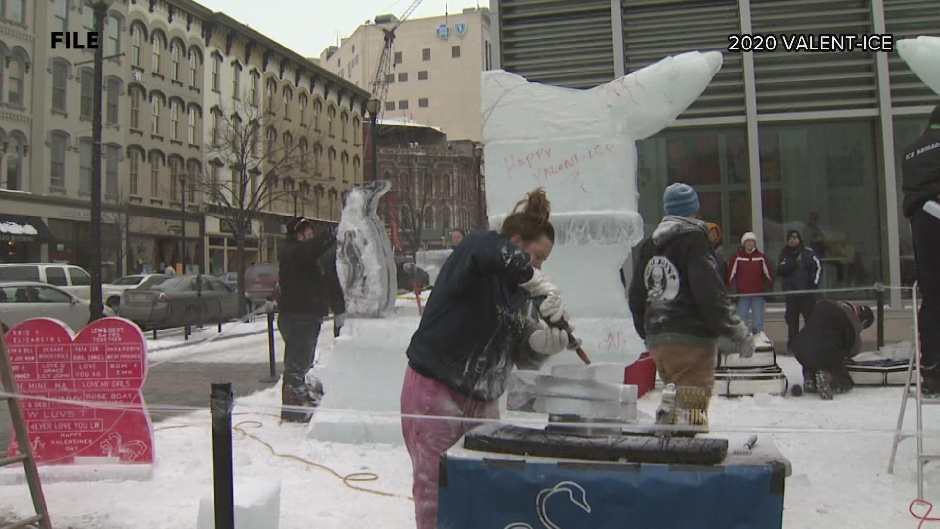 Valent-ICE, one of many attractions during the World of Winter Festival, showcases dozens of ice sculptures all throughout Downtown Grand Rapids.