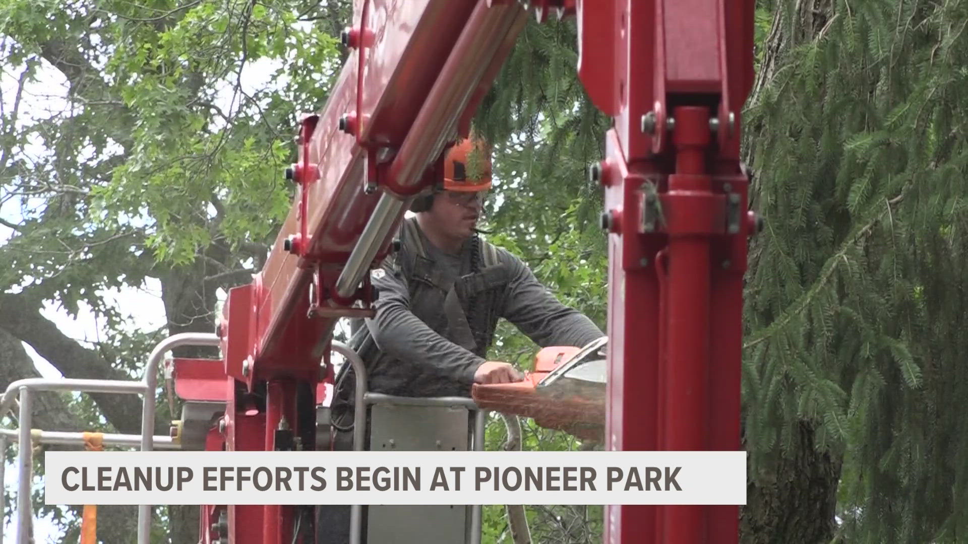 Pioneer Park employees were busy the day after strong storms uprooted trees and knocked out power to the lakeshore.