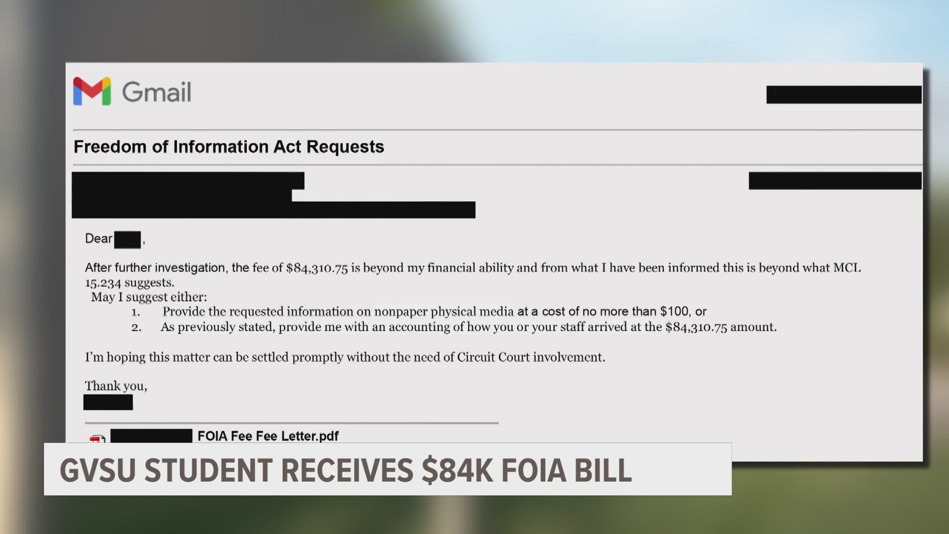 The student submitted Freedom of Information Act (FOIA) requests in May. To get those documents, he would have to pay the price.