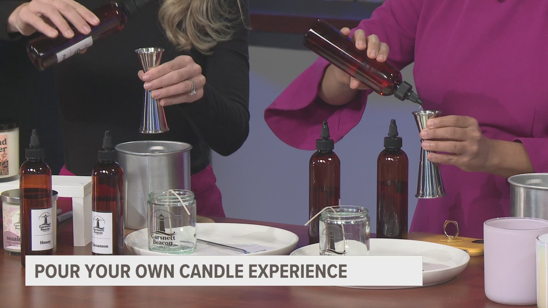 Chad and Sabastian teach Veronica and Sam how to pour their own candles.