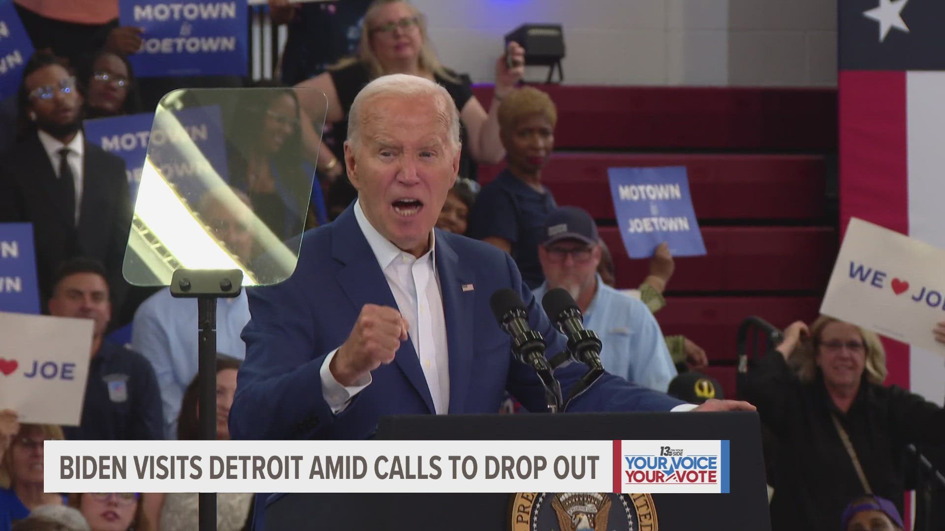 As a raucous Detroit crowd chanted “don’t you quit!” and “we got your back!” Biden said — again — that he was still running for reelection.