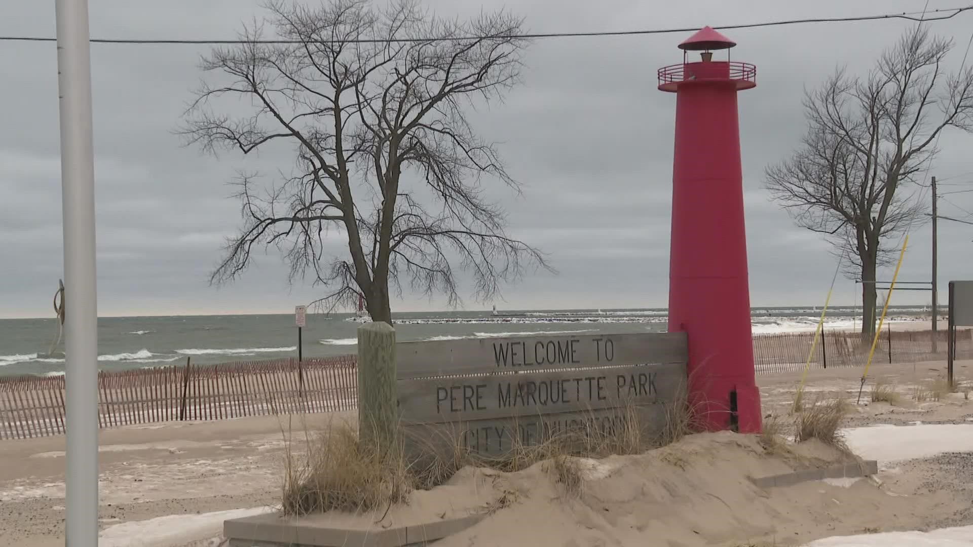 A 16-foot-wide pathway and 90 additional angled parking spaces are planned for Pere Marquette Beach between the kiteboarding building and concession stand.