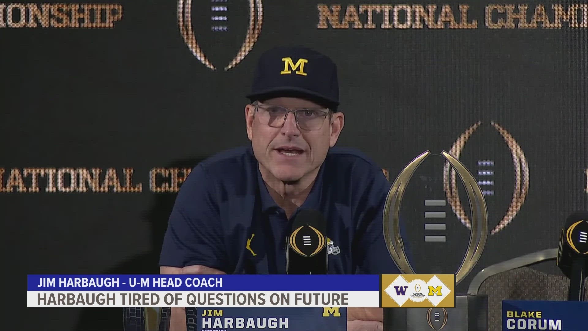 While there are rumors that Harbaugh may move to the NFL, he says he's enjoying the moment with Michigan.