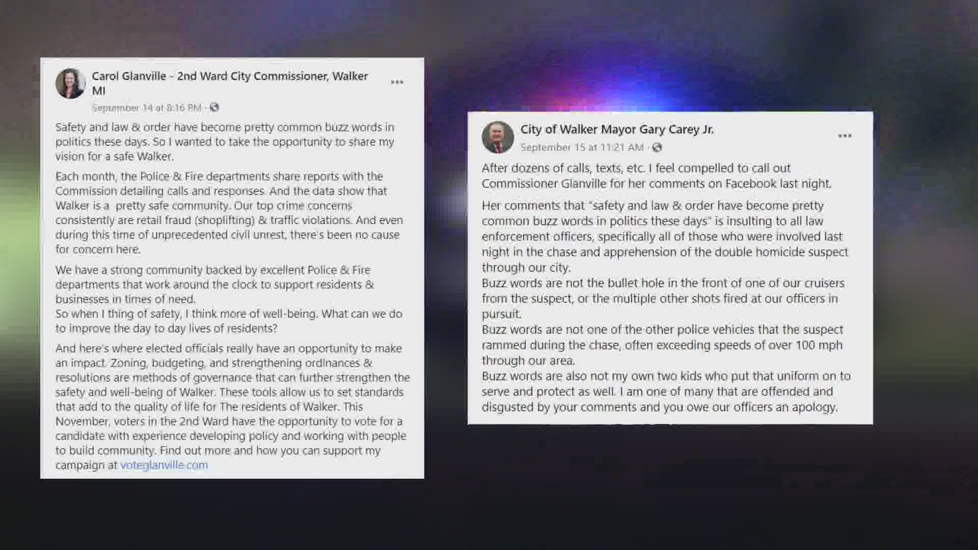 Not long after Glanville's post, Walker officers were fired at by a murder suspect, which prompted Carey's response Tuesday morning.