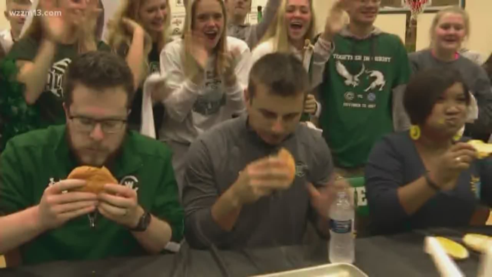 Falcon burger eating competition at West Catholic High School.
