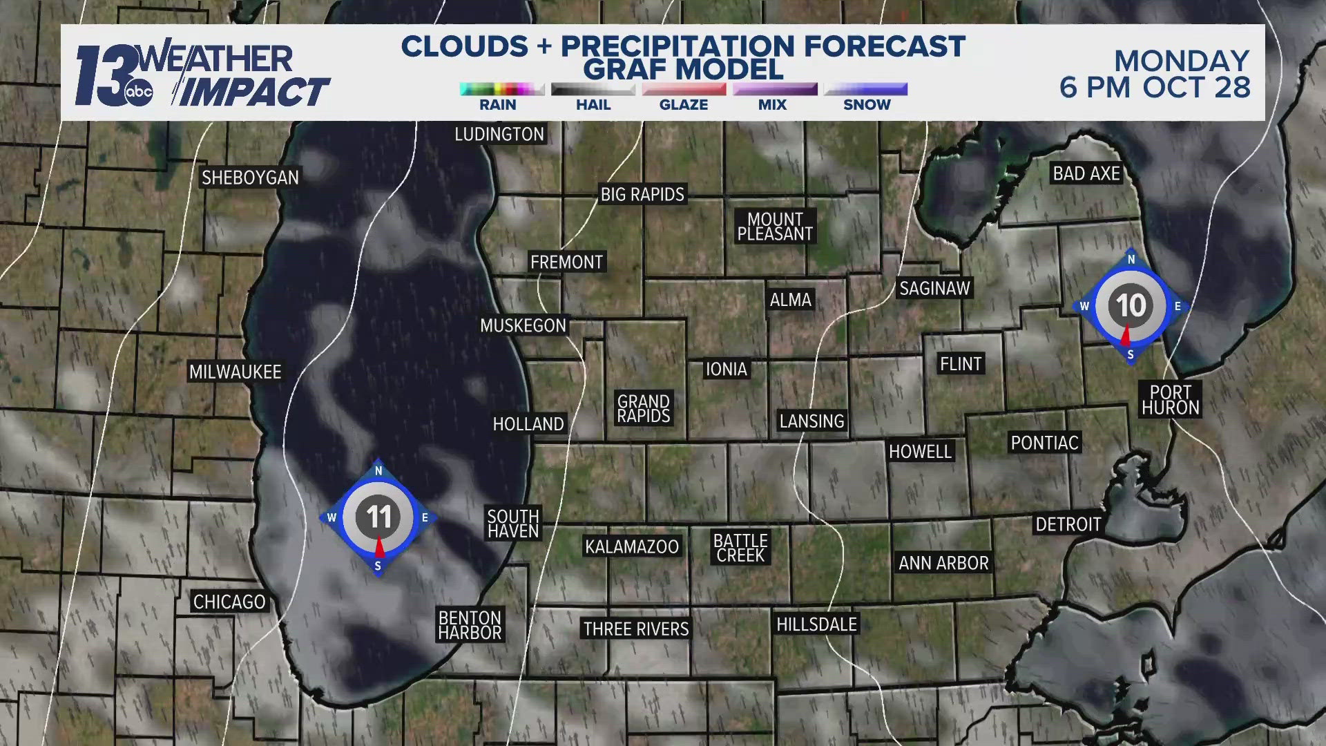 Calm Monday with rounds of wind, warmth, and rain starting overnight through Halloween.