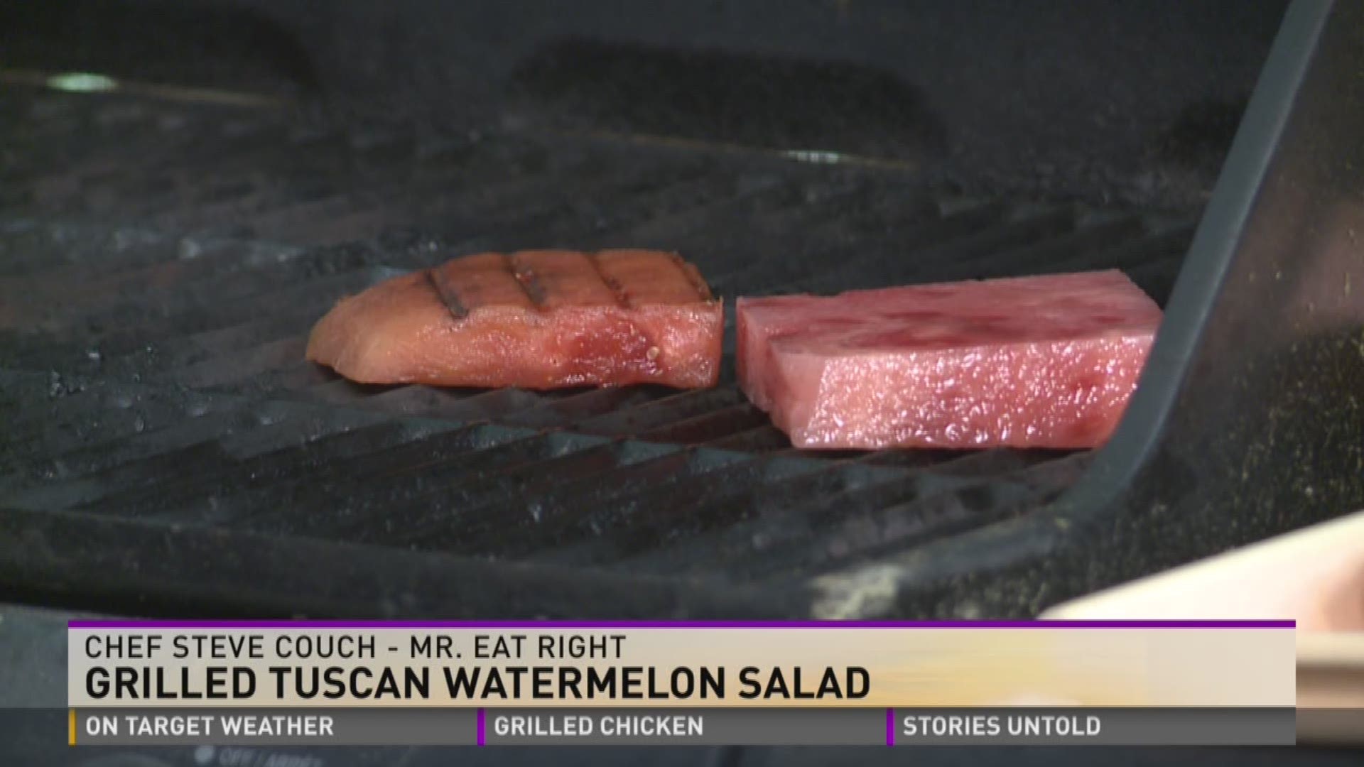 Many of us will be grilling this weekend.  So today Chef Steve Couch, for Personal Chef for Mr. Eat Right: Personal Chef Services is here to show us how to make a lighter recipe, Grilled Tuscan Watermelon Salad.