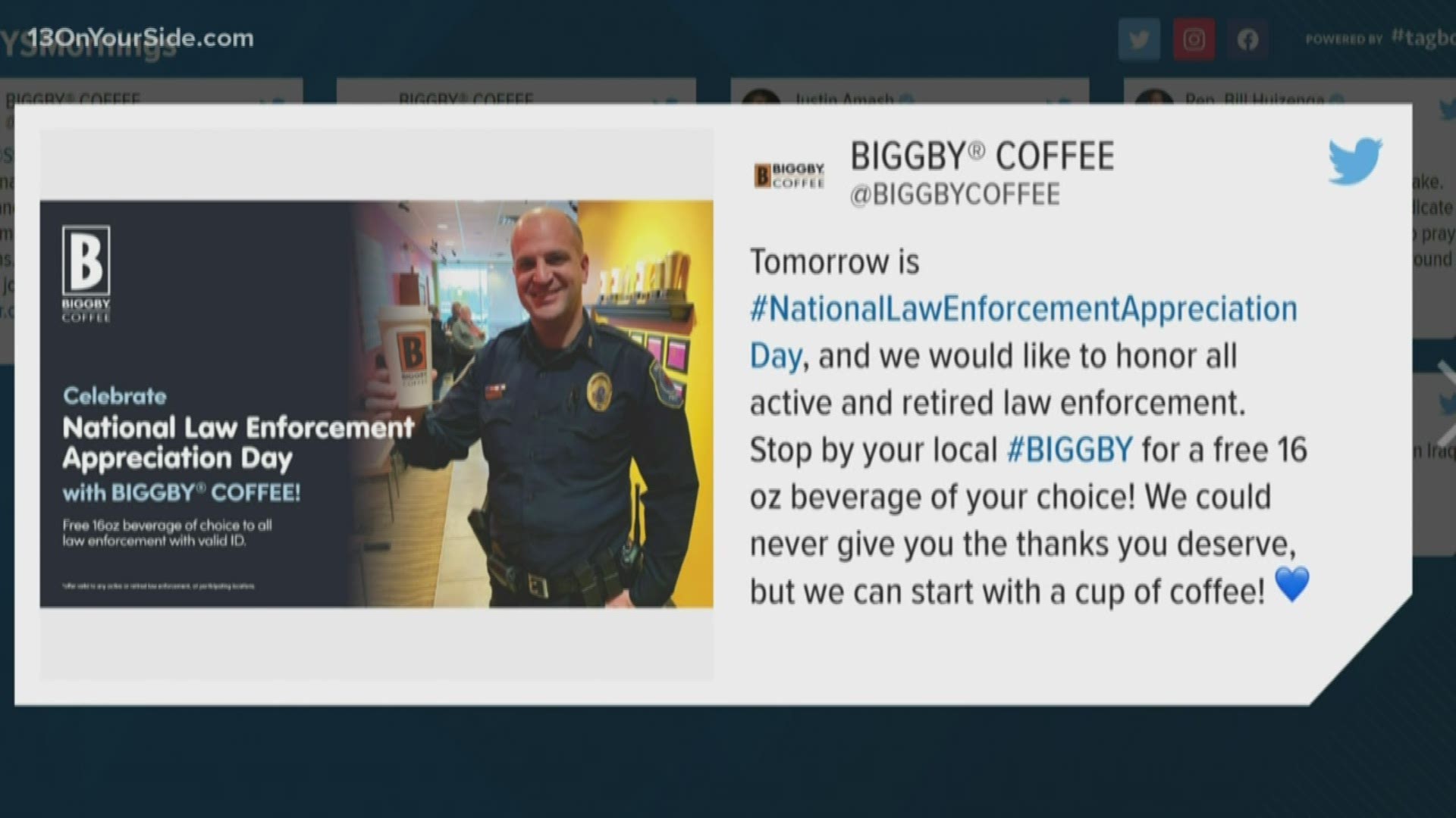 To honor all active and retired law enforcement, Biggby is offering free 16 oz. beverages all day Thursday.