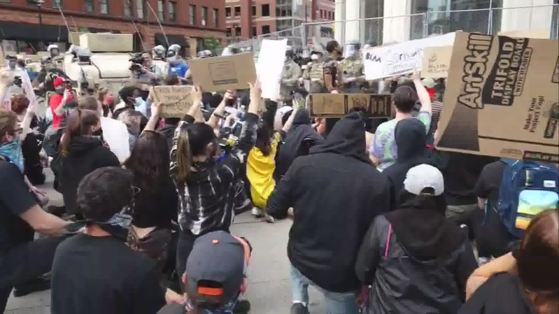 Protesters gathered in downtown Grand Rapids on Monday, June 1. Both the Grand Rapids Police Department (GRPD) and the National Guard set up barricades downtown.
