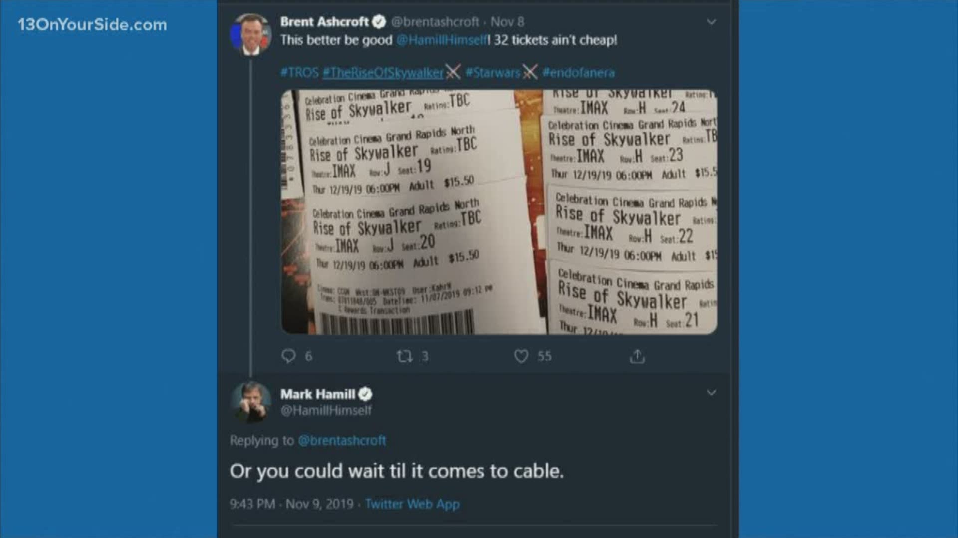 13 ON YOUR SIDE's Brent Ashcroft bought tickets for all his friends to see the newest installment of the Star Wars series and tweeted to Mark Hamill.