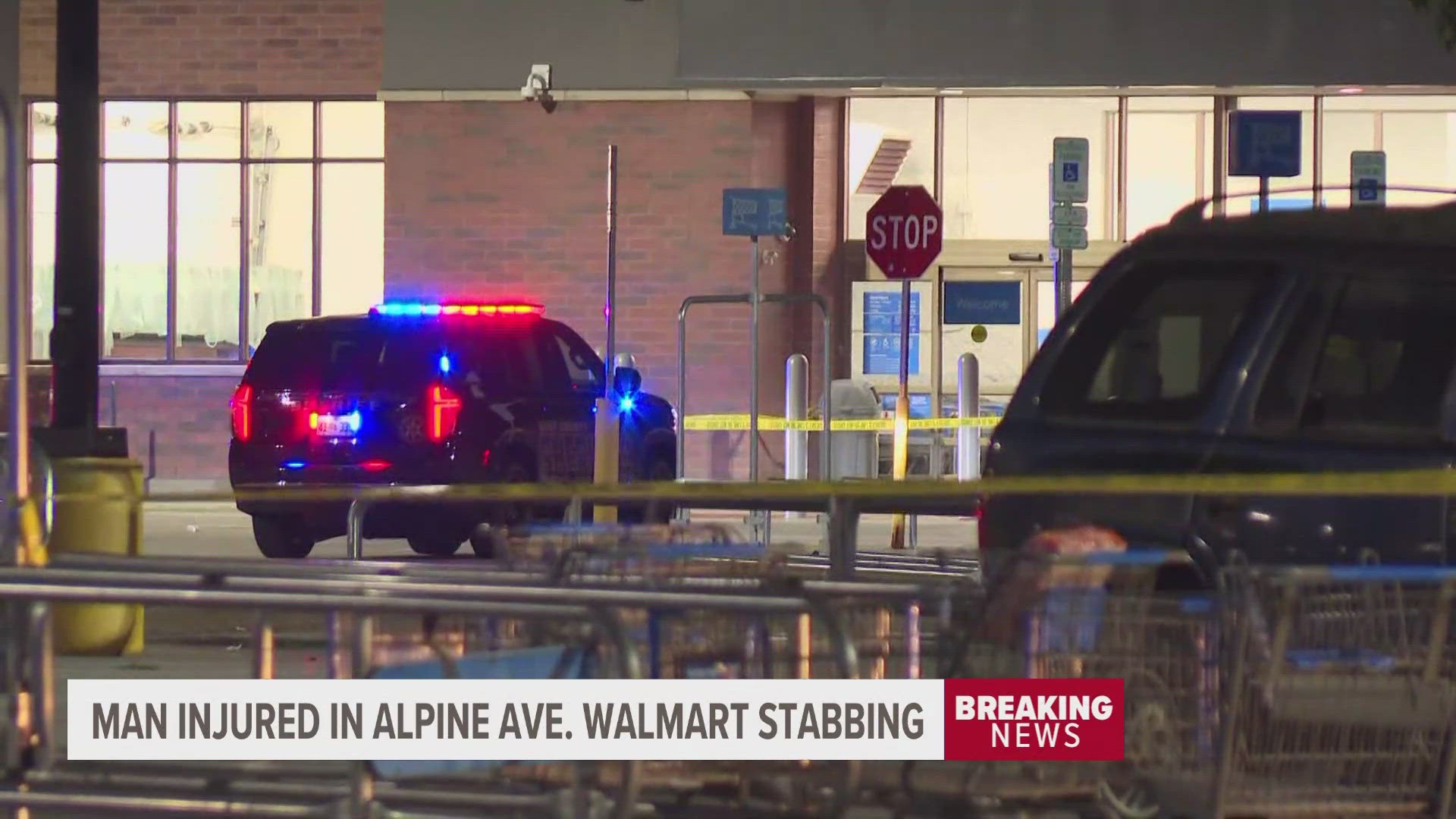 Authorities said a man was stabbed inside of the Walmart on Alpine Ave. When the suspect tried to flee, a bystander struck him with their car.