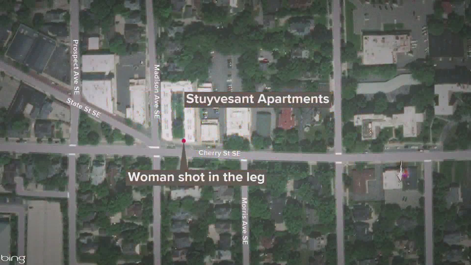 A woman suffered an injury after a shooting in east Grand Rapids.