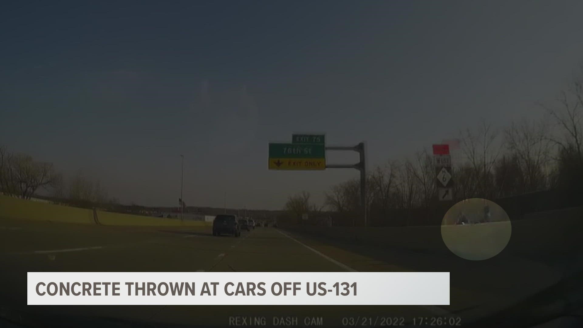 Numerous cars were hit by pieces of concrete thrown from the side of US-131 Monday and Tuesday. The suspects still haven't been found.