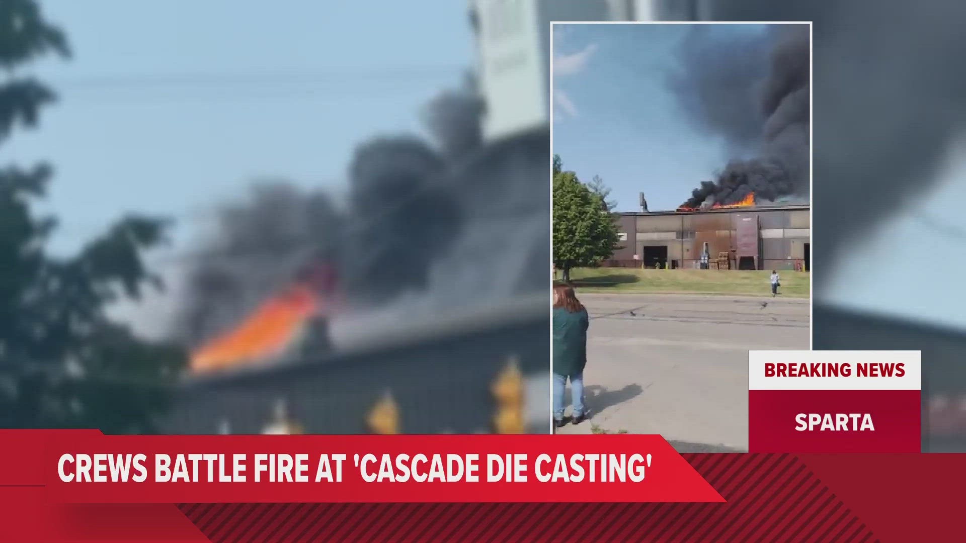 Cascade Die Casting is in the 9900 block of Sparta Avenue NW. Flames and smoke could be seen coming from the roof of the building.
