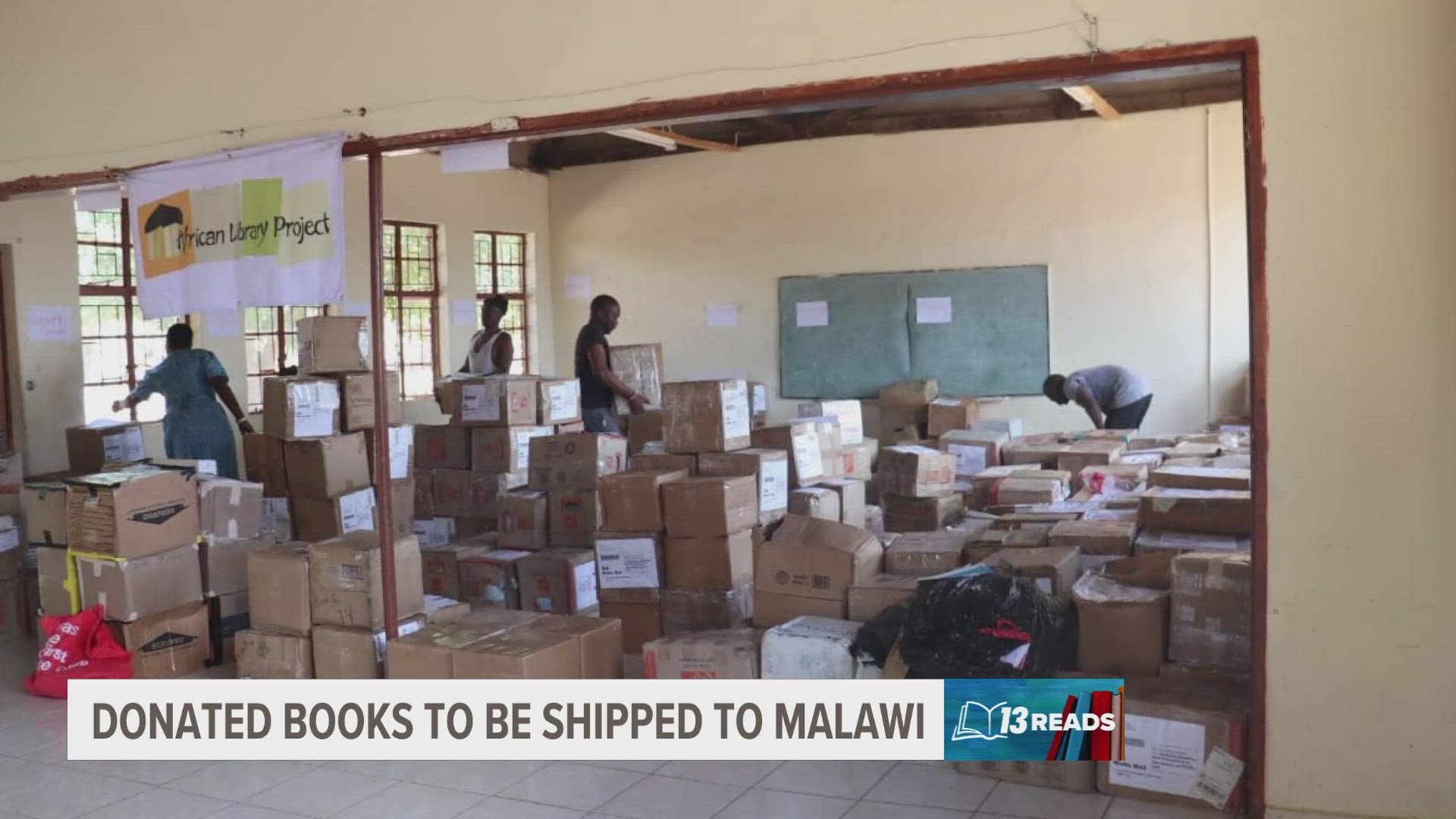 The books, donated by community members, are now packaged up and waiting to be shipped across the ocean.