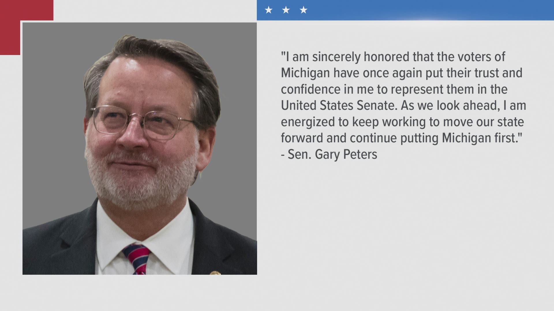 Peters, 61, had served one term in the Senate. His victory means Michigan will continue to have two Democrat senators.