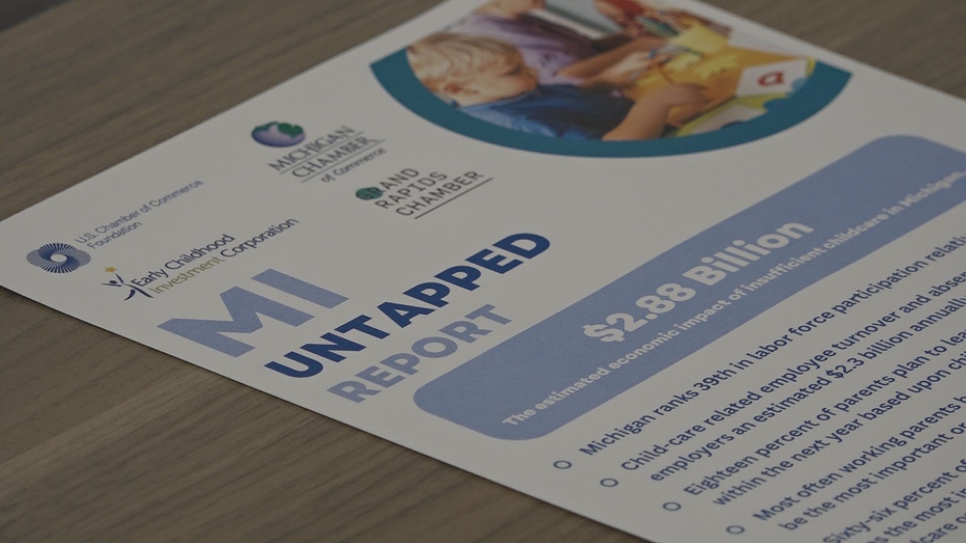 The MI Untapped Potential report says nearly half of Michigan parents surveyed could leave their jobs in the next year because of unaffordable child care.