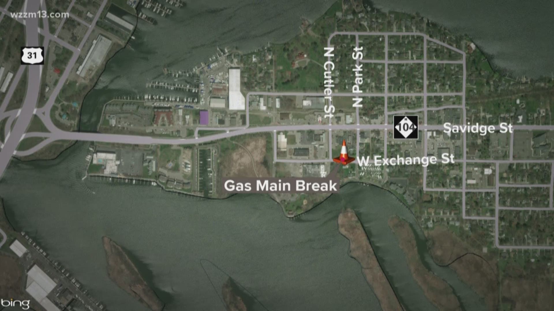 The gas main was struck Wednesday afternoon during a construction project in the village of Spring Lake, northwest of Grand Rapids. No injuries were reported, but crews monitored natural gas levels in the area.