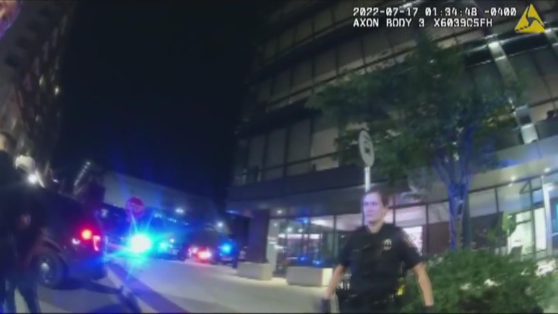 Video shows Grand Rapids Police responding after four people were shot near downtown in July.