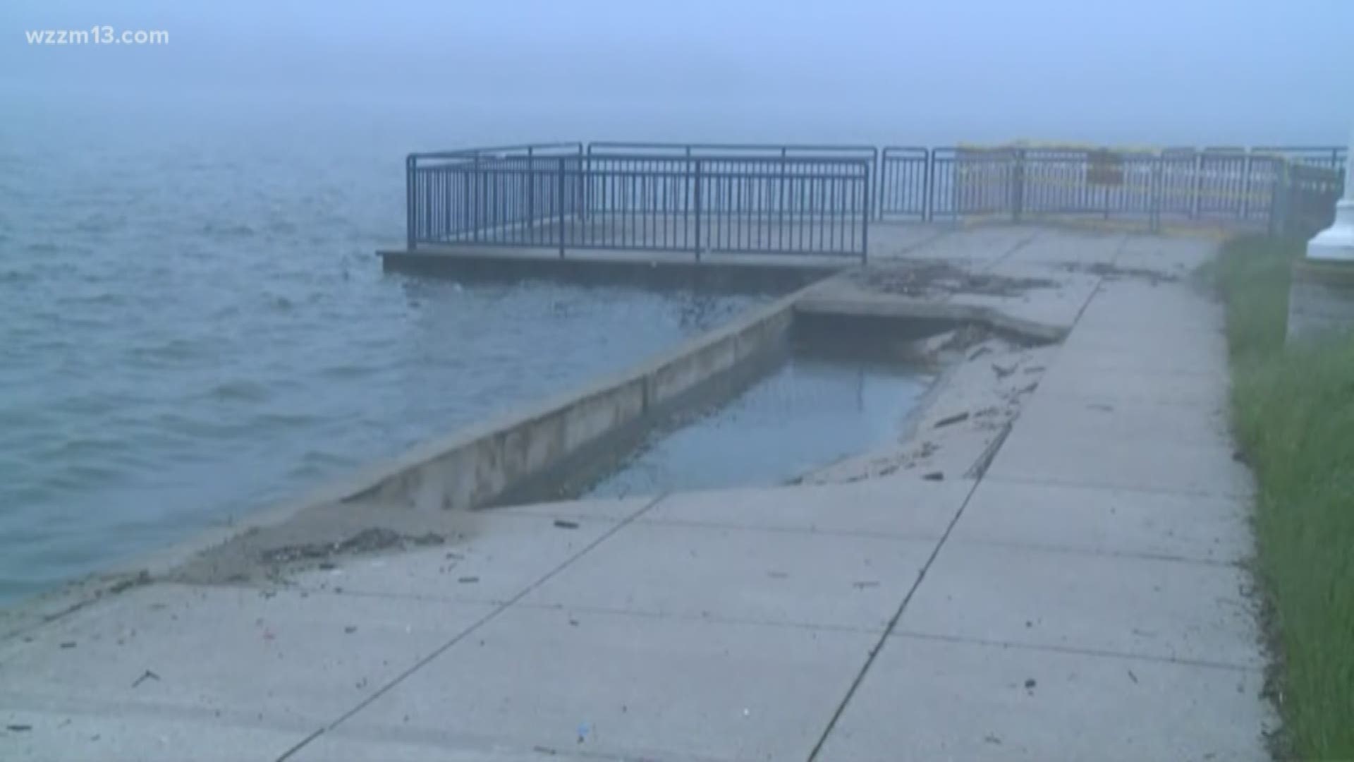 Officials say high Great Lakes water levels likely are to blame for damage to a seawall at Kollen Park in Holland.
