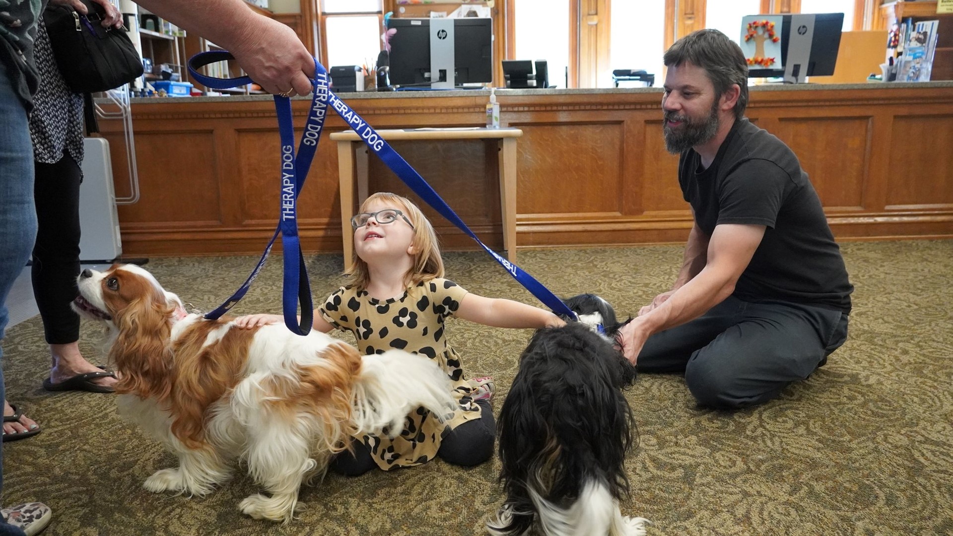 Breezy and Dolly are two therapy dogs who have been trained to keep kids calm while they practice reading in a safe, judgment free zone.