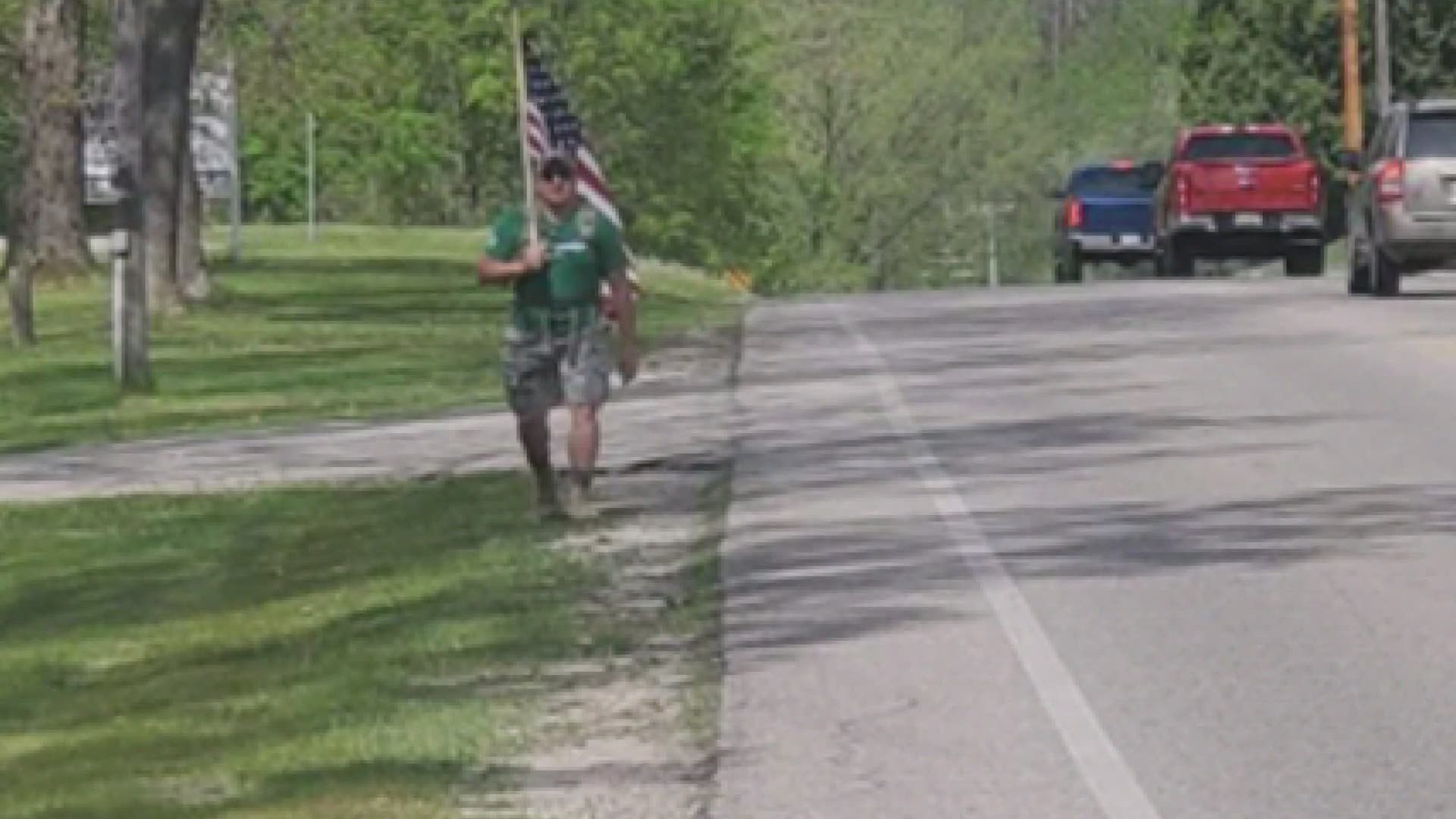 His sister-in-law said every Memorial Day he hikes with the flag from downtown Newaygo to  Newaygo Cemetery and places pennies on the tombstones of veterans.