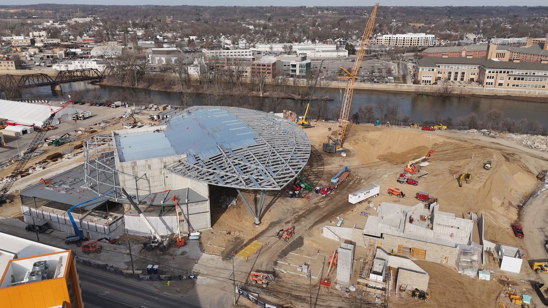 Crews installed the final steel beam for the 60,000-square-foot canopy of the Acrisure Amphitheater.