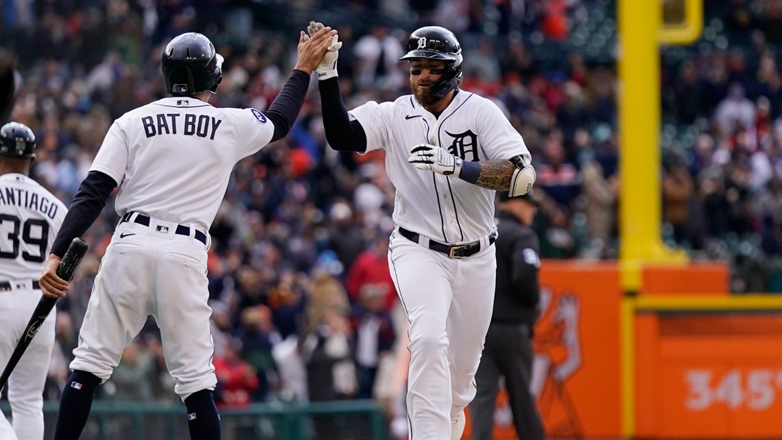 The Detroit Tigers' Javier Baez connects for an RBI single against the  Baltimore Orioles during the first inning in the opening game of a  doubleheader at Comerica Park on Saturday, April 29