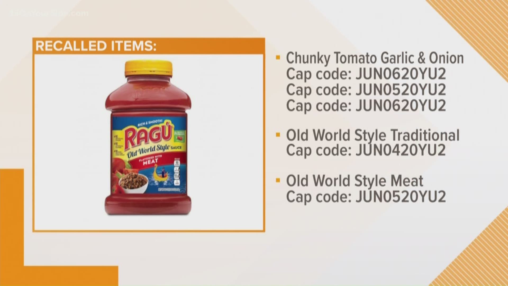 Mizkan America is announcing the voluntary recall of certain production codes of its Ragu pasta sauces in the United States because the sauce may contain fragments of plastic.