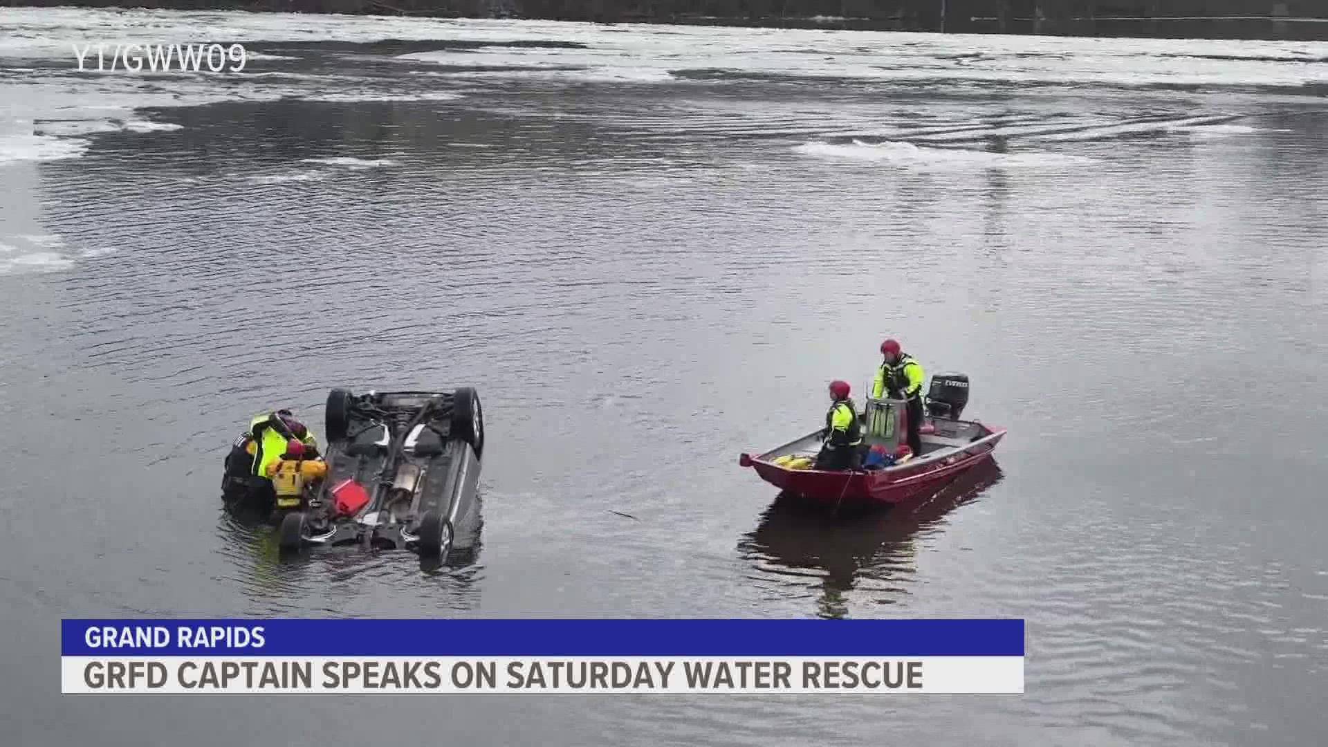 Rescuers were on scene within minutes of the alarm going out for a water rescue on the Grand River Saturday morning.