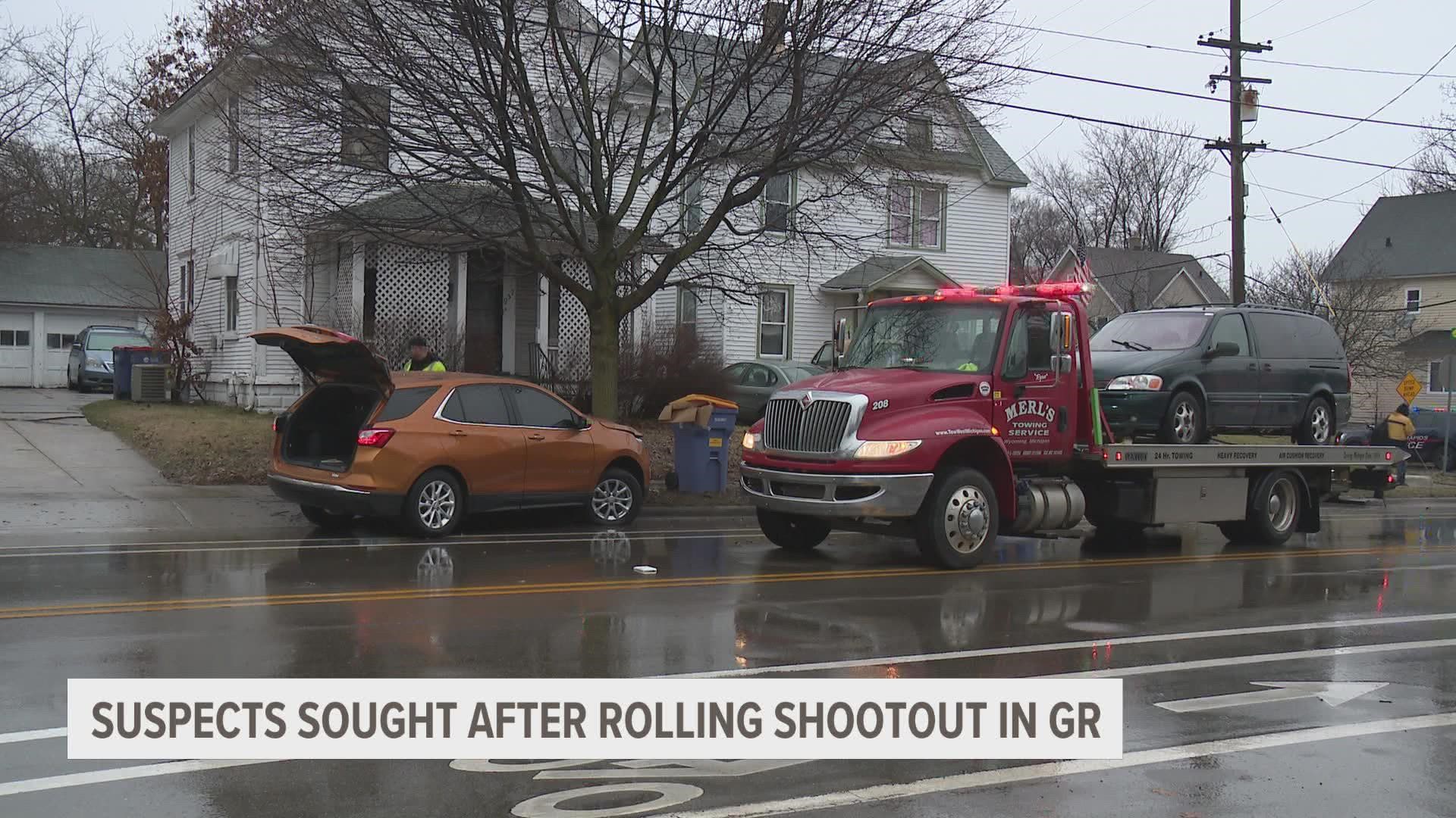 The Grand Rapids Police Department says a toddler was hurt in a crash after a gunfight between two vehicles Monday afternoon on the city's southeast side.