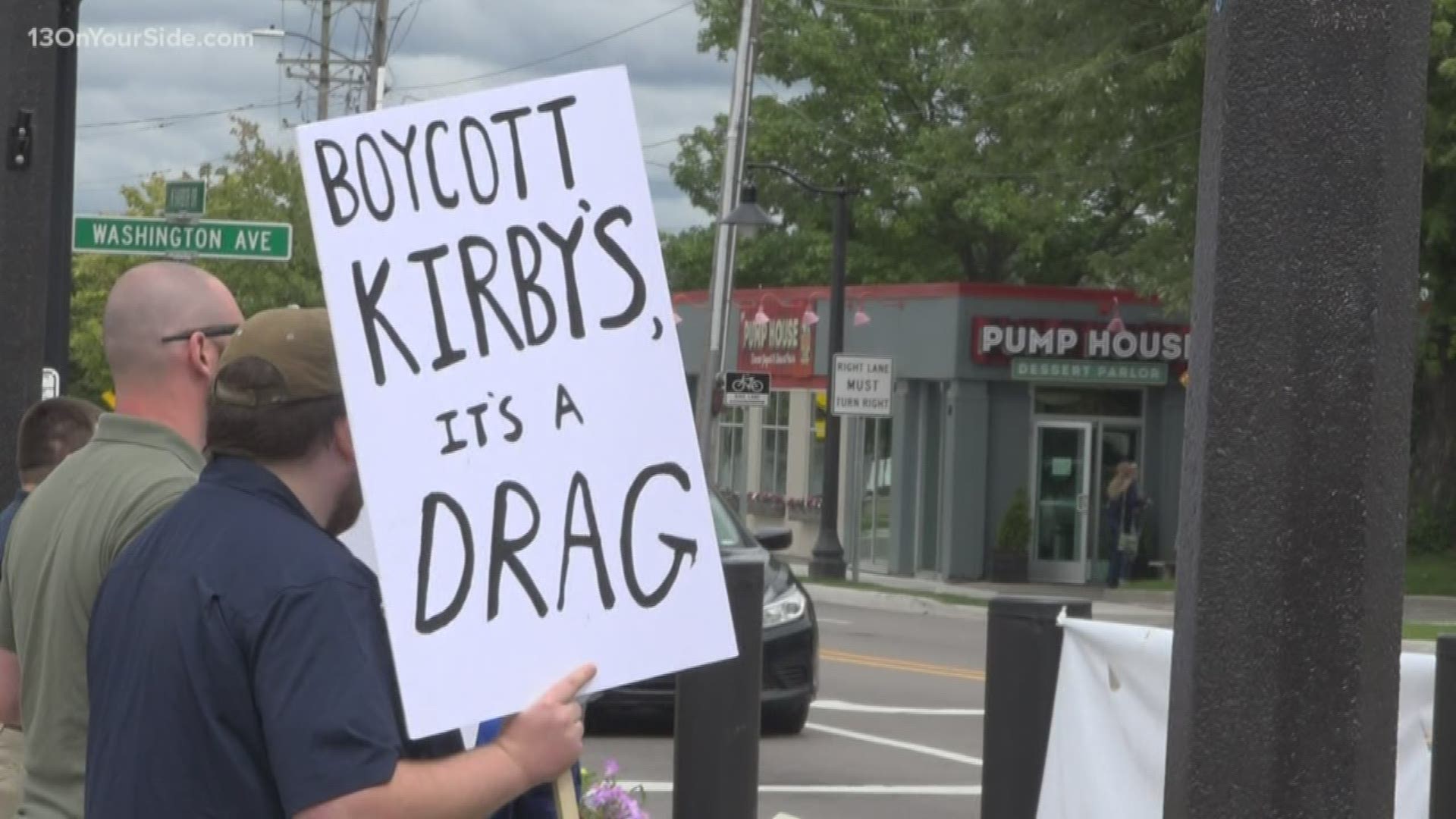 Protesters for and against the Michigan Drag Brunch event gathered outside The Kirby House Sunday afternoon.
