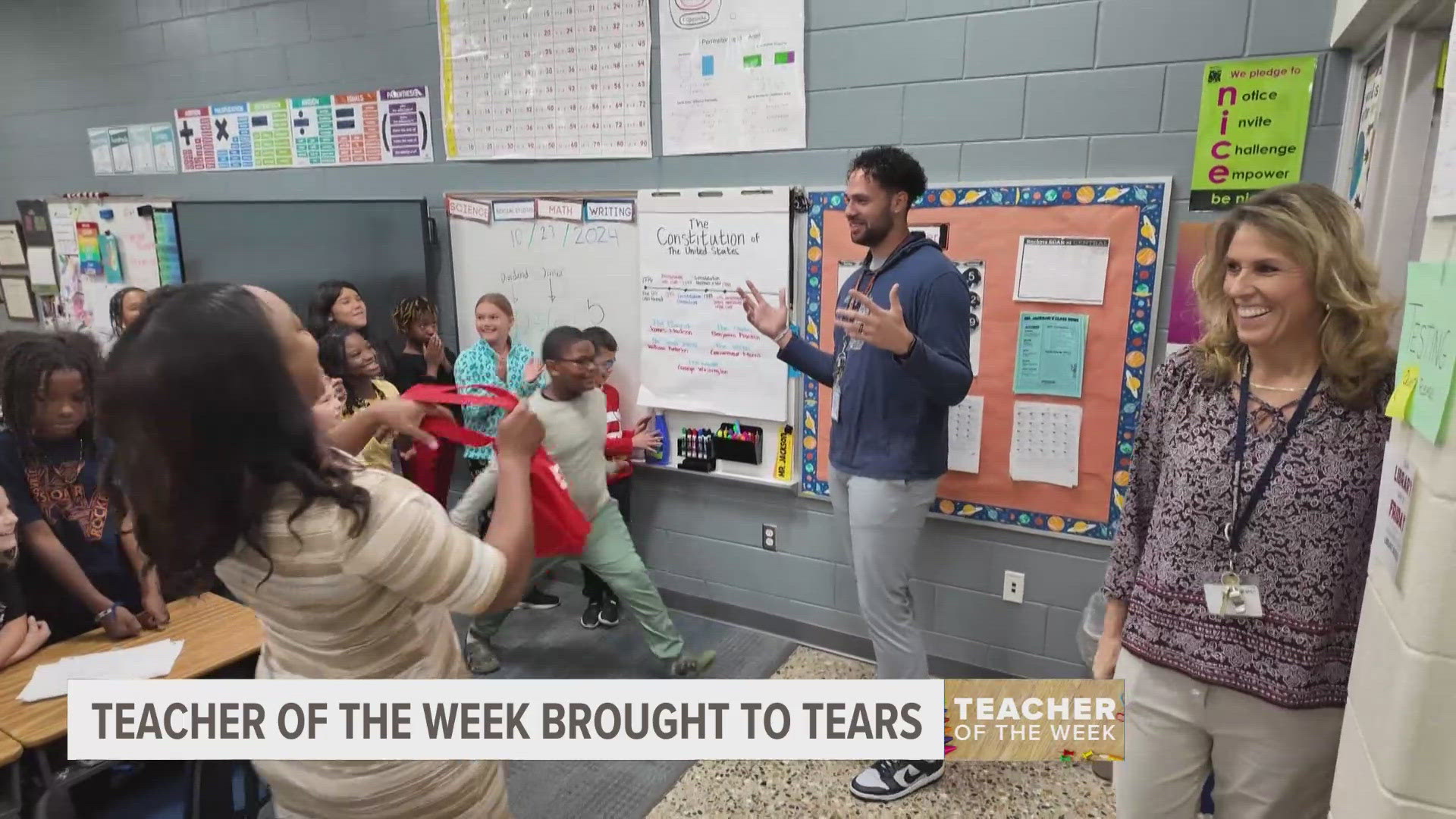 As 13 ON YOUR SIDE surprised our newest Teacher of the Week, the students were so excited they revealed the news before we could.