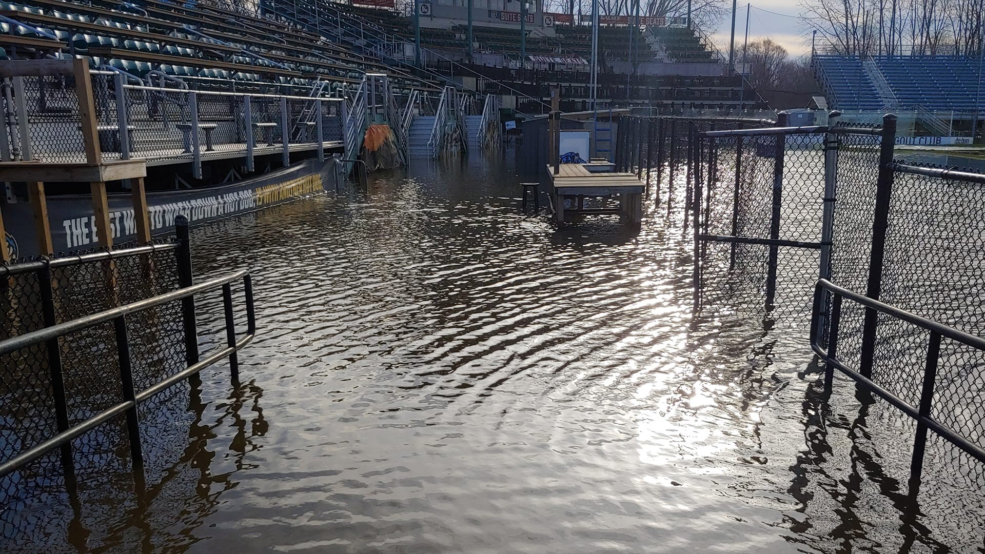 Stryker Field in Mayors' Riverfront Park is looking more like a lake than a baseball field Thursday morning.