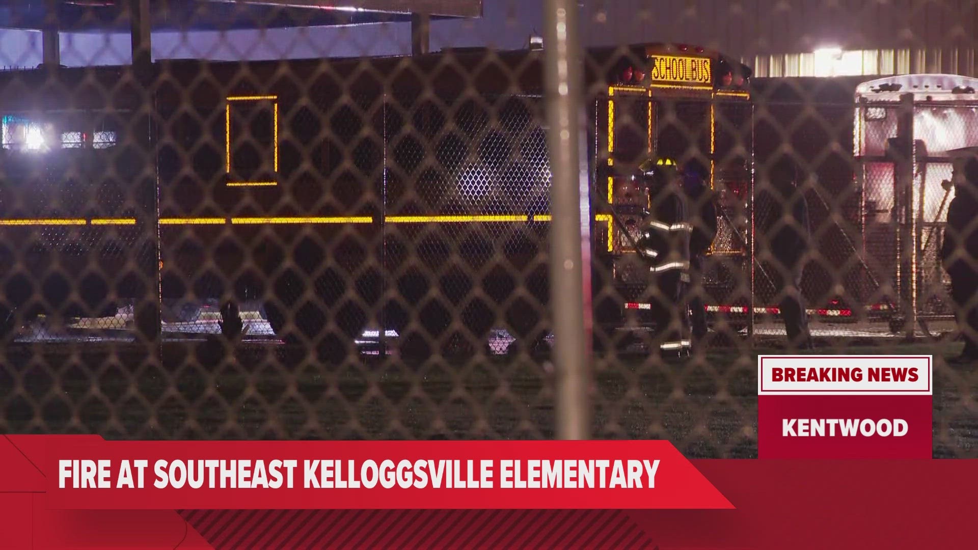 Multiple fire crews are on scene of a large fire at the Kelloggsville Public Schools bus garage, which has caused the district to cancel school Friday.