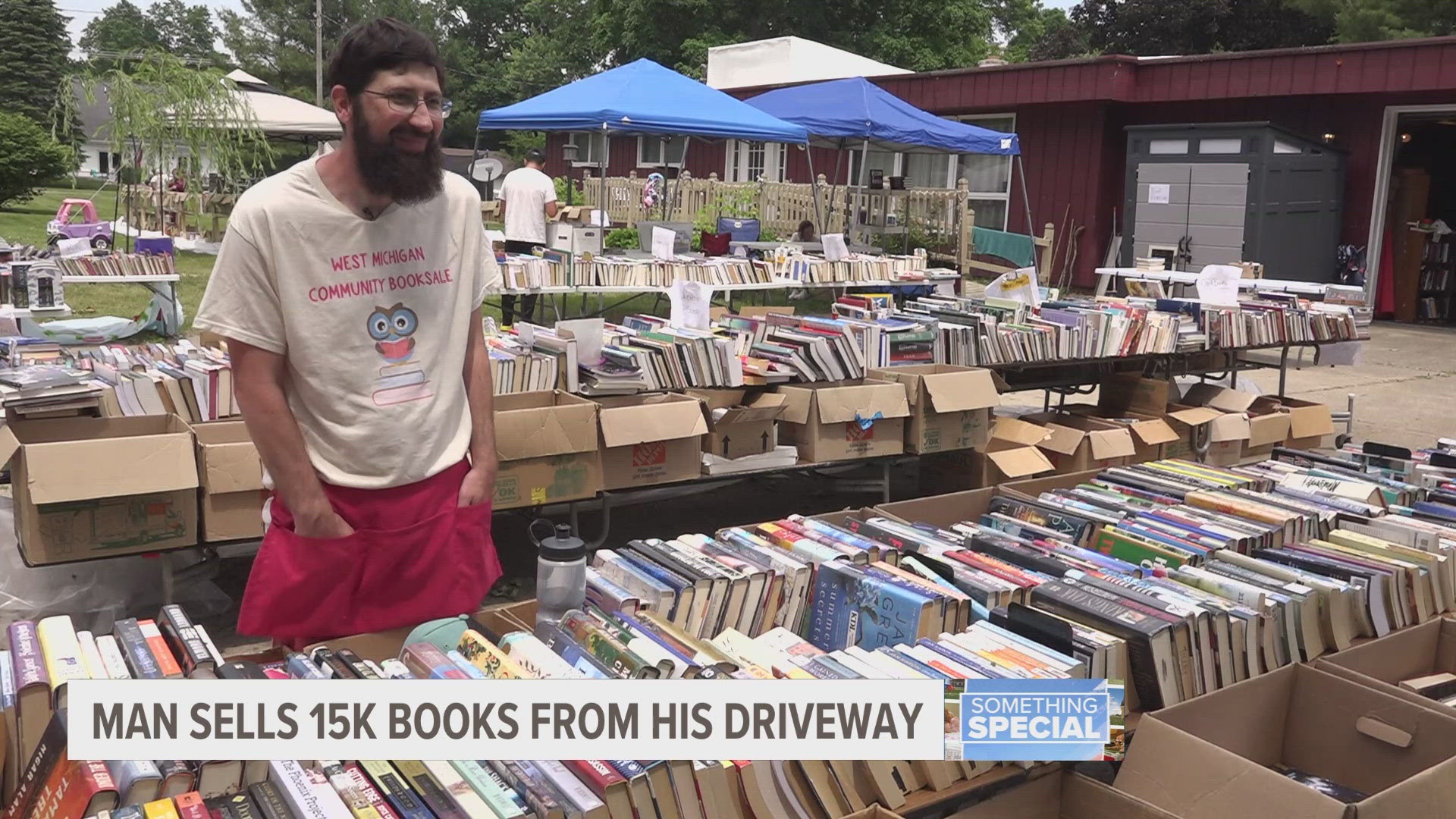 Jeremy Borey began selling textbooks in college. Now his Lowell driveway hosts 15,000 books in what's become a neighborhood landmark.