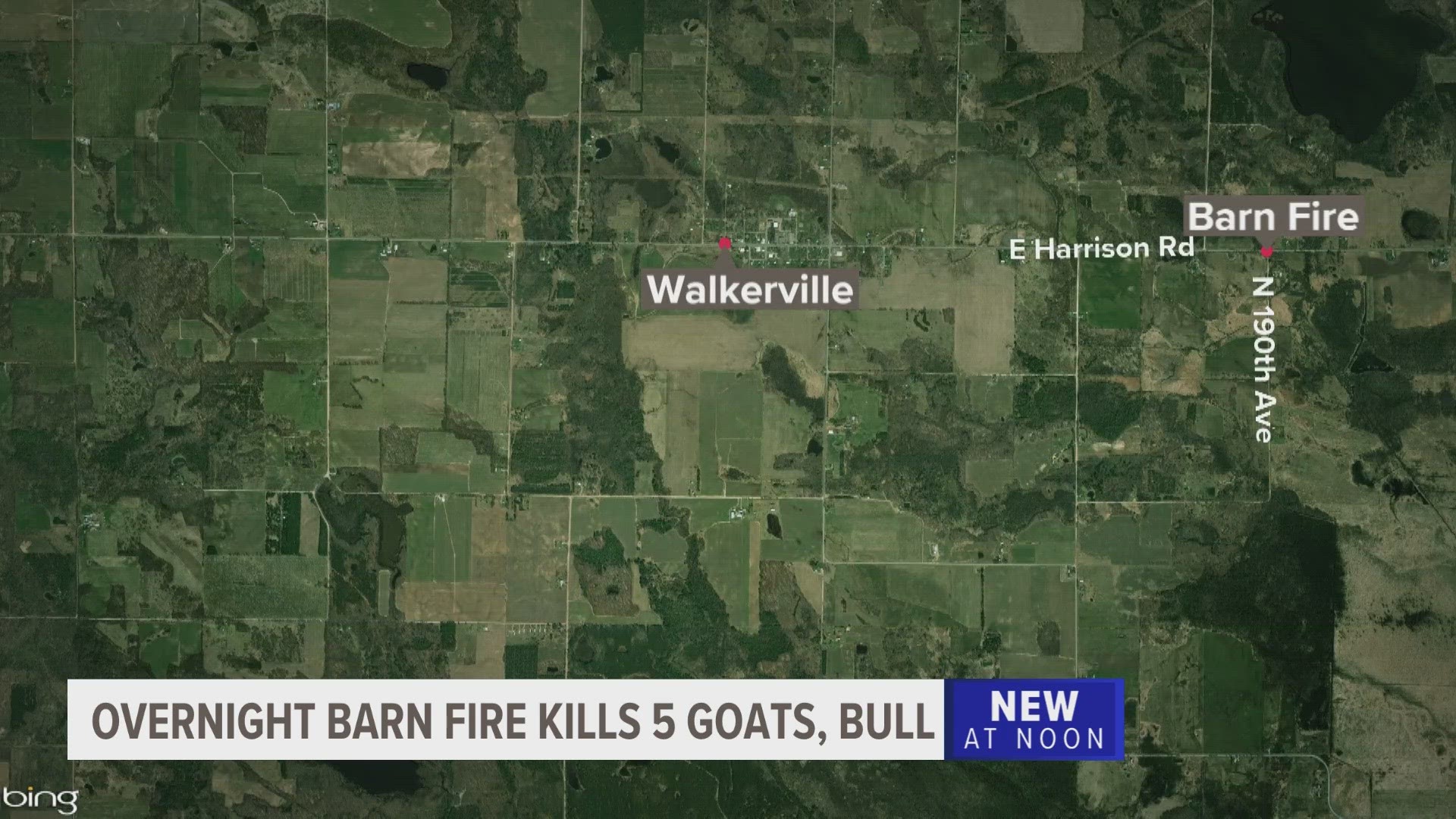 The fire destroyed the barn, authorities say. Five goats and one bull were killed. No injuries have been reported.