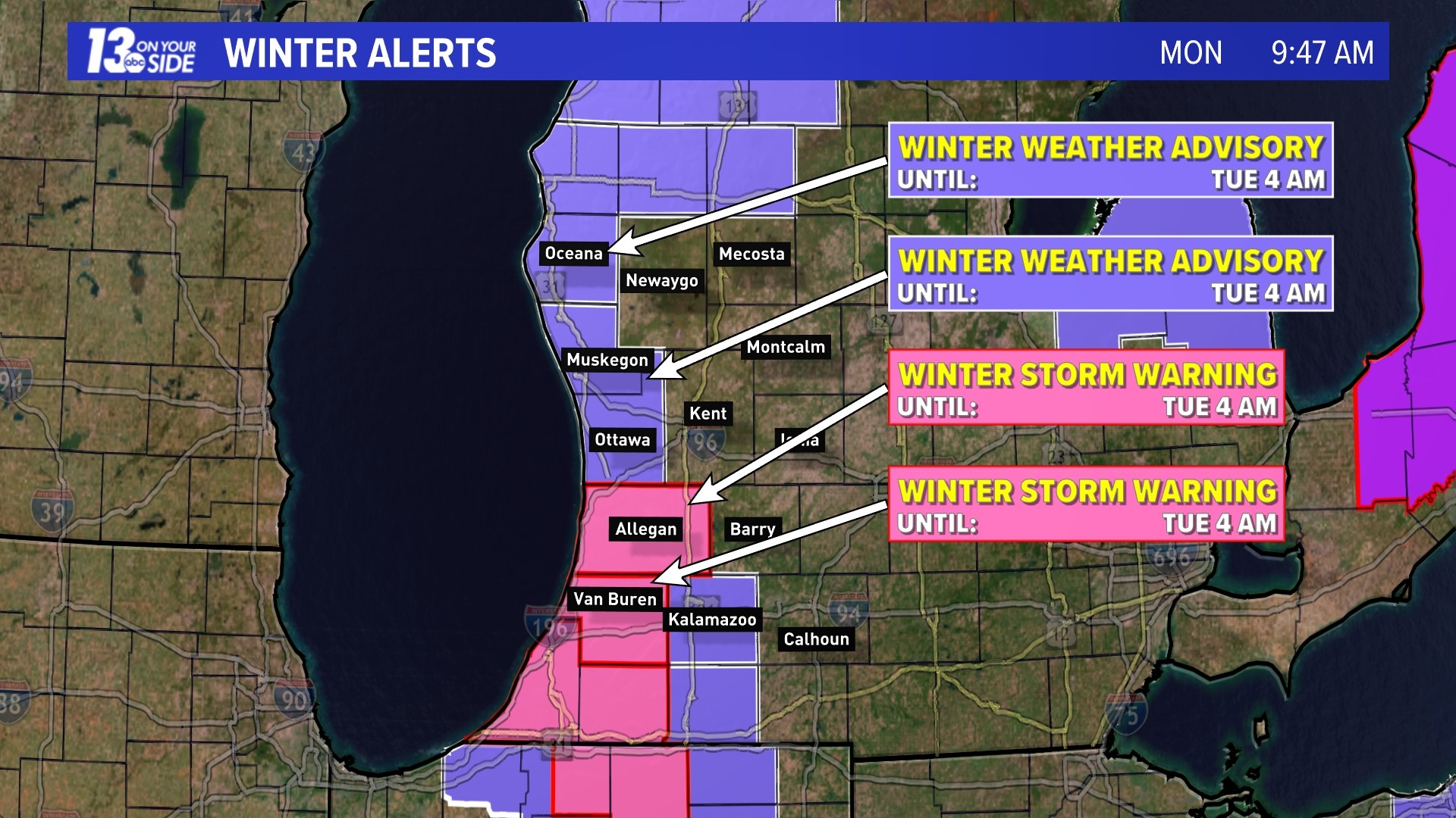 Winter Weather impacts across West Michigan throughout Monday | wzzm13.com