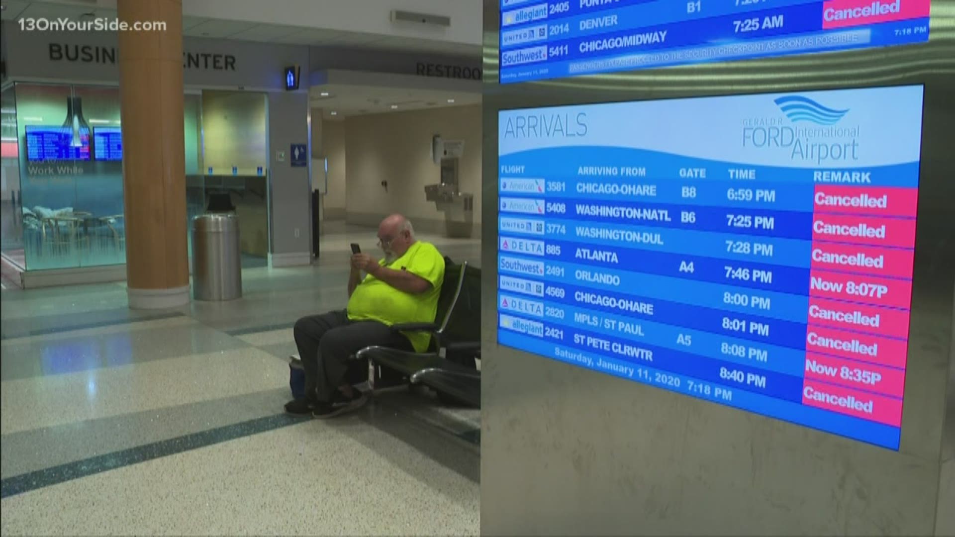 Many flights out of the Ford International Airport were canceled or delayed Saturday because of inclement weather.