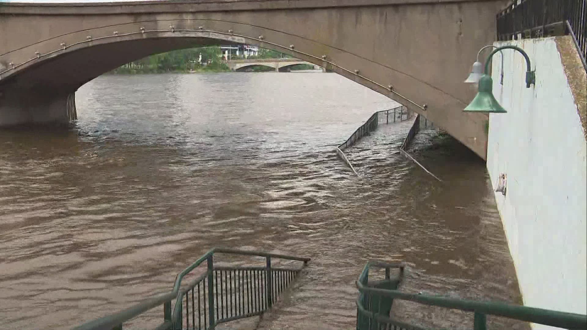 The Grand River in Comstock Park is expected to crest slightly above flood stage later this evening.