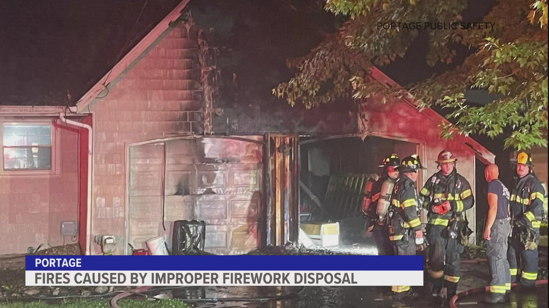 Two people suffered minor smoke inhalation after some discarded fireworks sparked a garage fire in Portage.