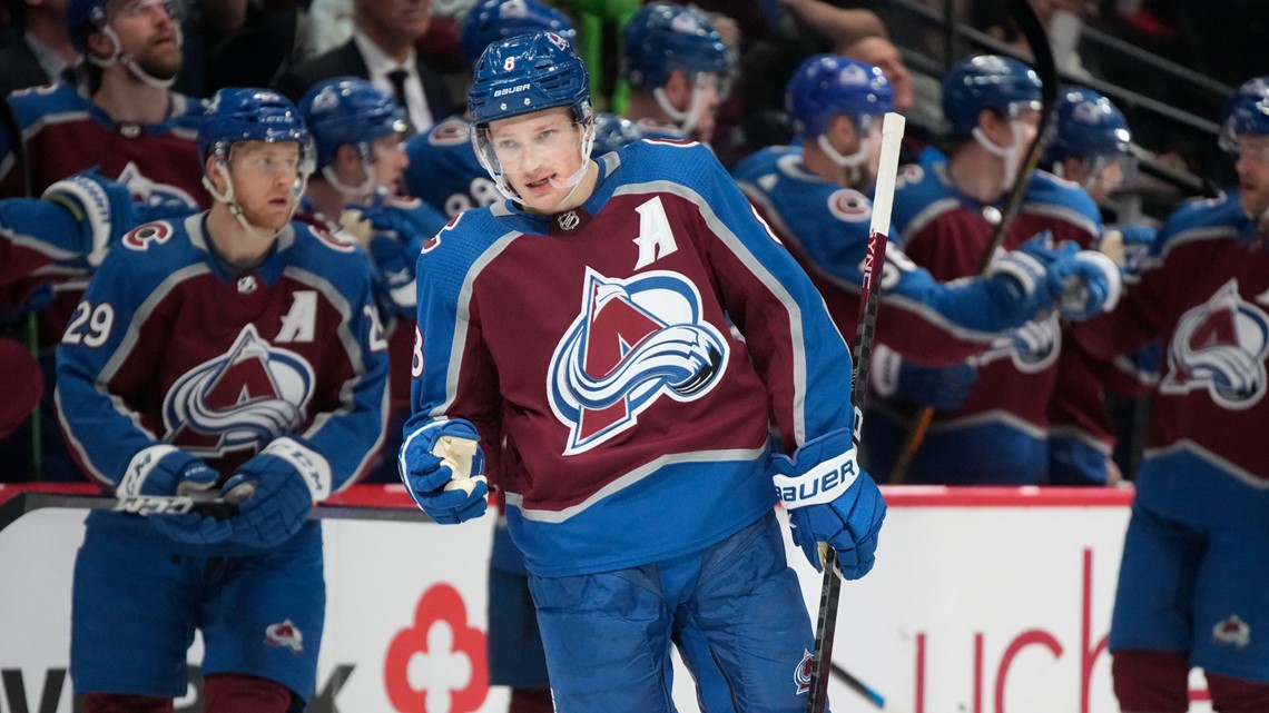 Colorado Avalanche center Nathan MacKinnon (29) and Tyson Barrie