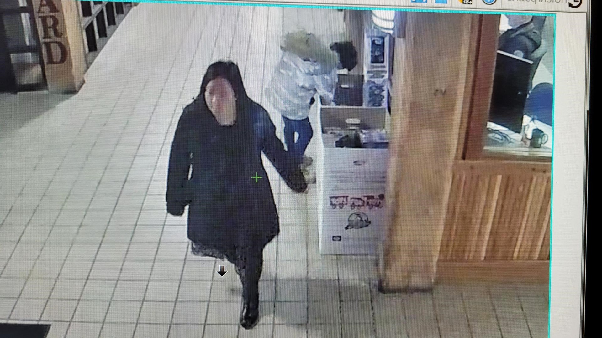 A series of images from a Grand Rapids building show a woman and presumed minor appearing to steal toys from a donation bin.