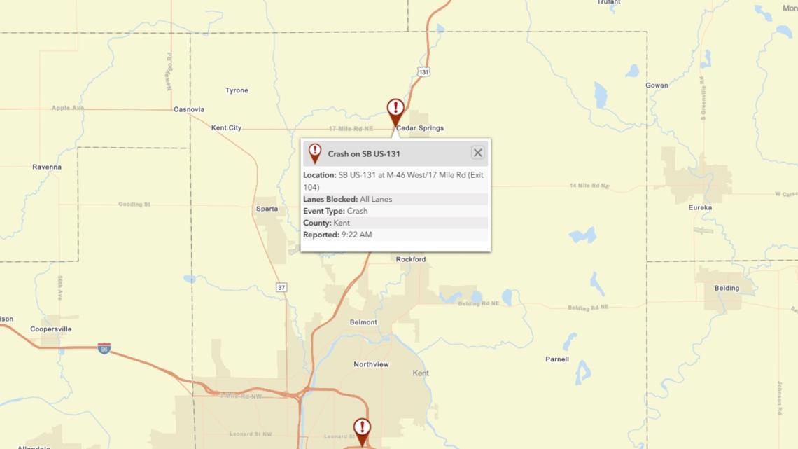 MDOT: Southbound US-131 closed at M-40 in Cedar Springs due to crash