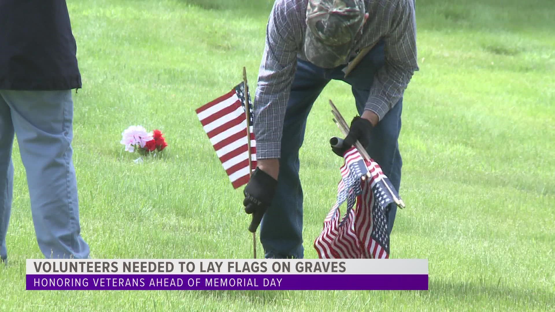 Memorial Day is one week from today and a local American Legion Post is asking for volunteers to help place flags on veterans' graves.