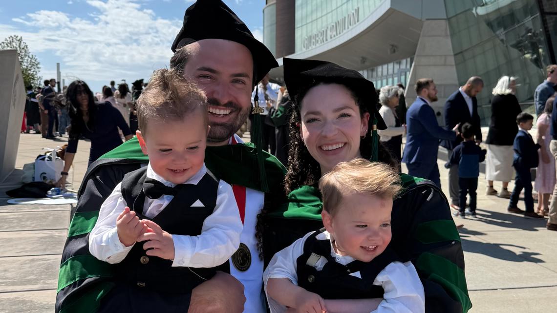 She walked the medical school graduation stage in 2025, he walked in 2026, both holding their twin boys