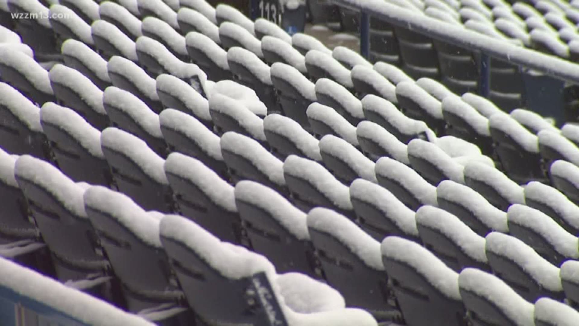 Fifth Third Ballpark covered in snow on Opening Day eve